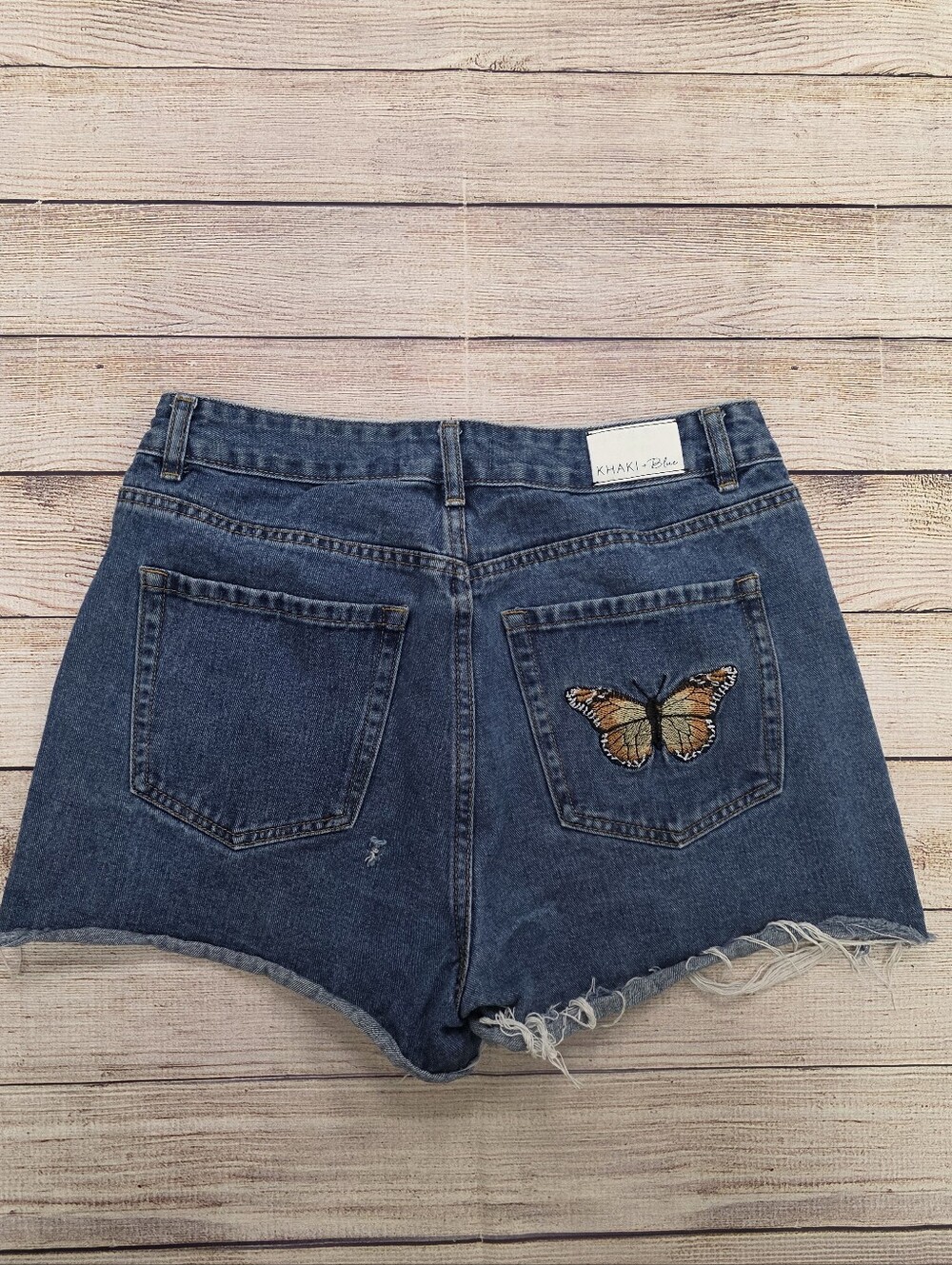 Khaki & Blue Denim Butterfly Embroidered Women’s Shorts Size 11/30